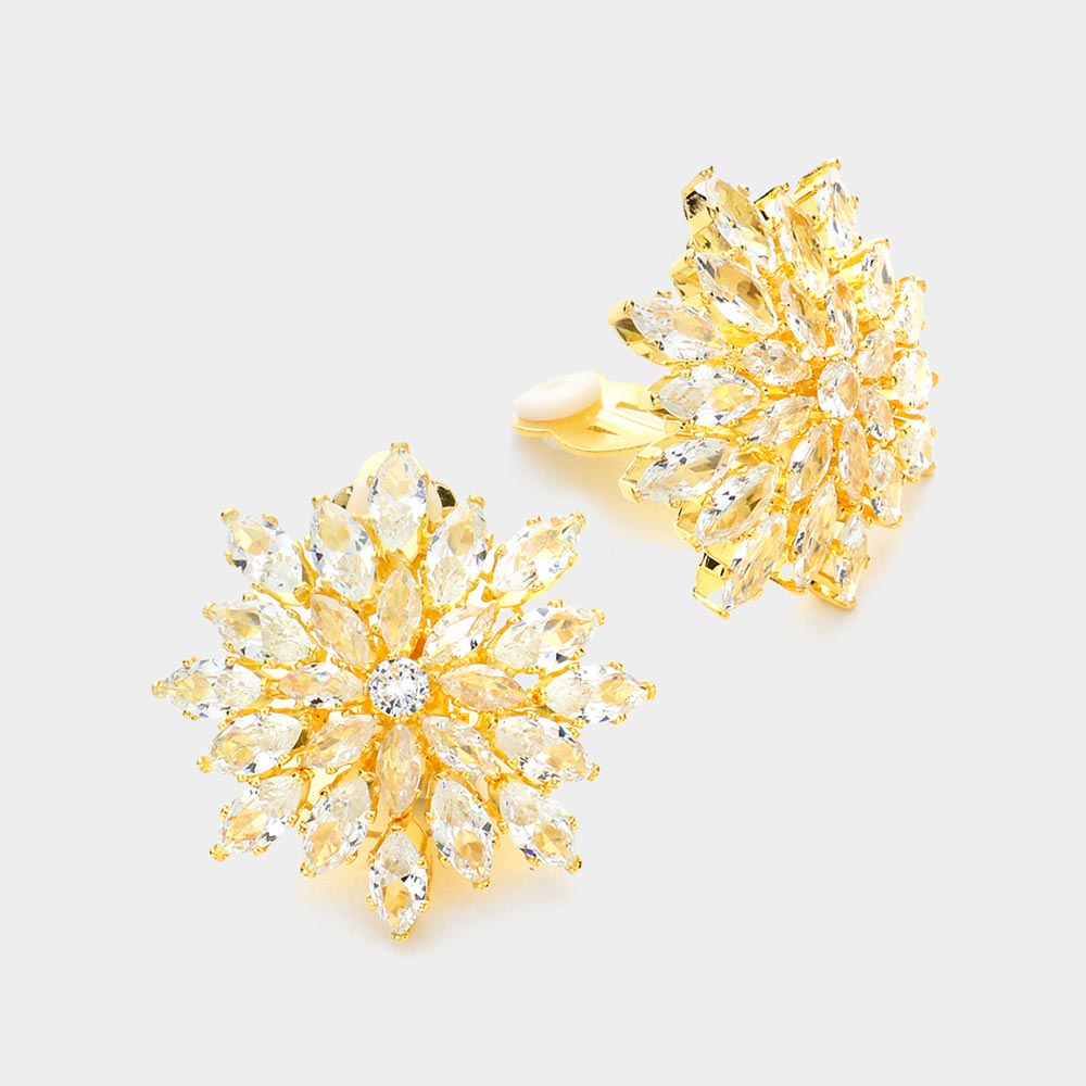 Madeline Love Clear, Gold Floral Marquise Stone Cluster Clip On Evening Earrings