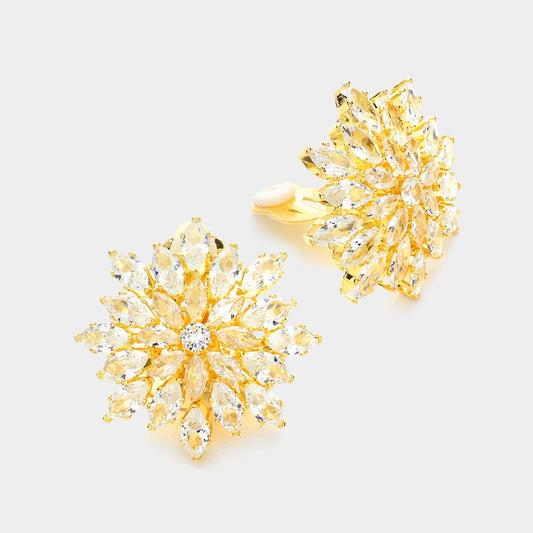 Madeline Love Clear, Gold Floral Marquise Stone Cluster Clip On Evening Earrings