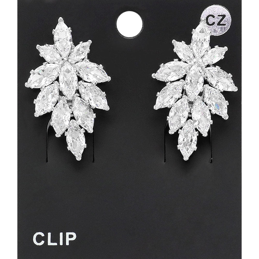 Madeline Love Clear, Silver Marquise CZ Stone Embellished Evening Clip On Earrings