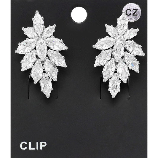 Madeline Love Clear, Silver Marquise CZ Stone Embellished Evening Clip On Earrings