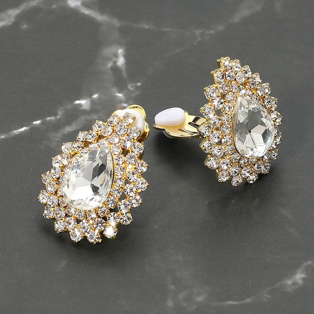 Madeline Love Clear, Gold Teardrop Cluster Evening Clip On Earrings