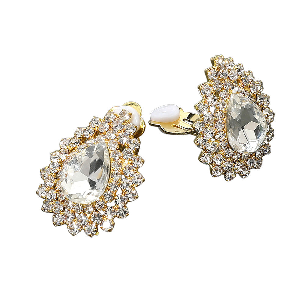 Madeline Love Clear, Gold Teardrop Cluster Evening Clip On Earrings - desc