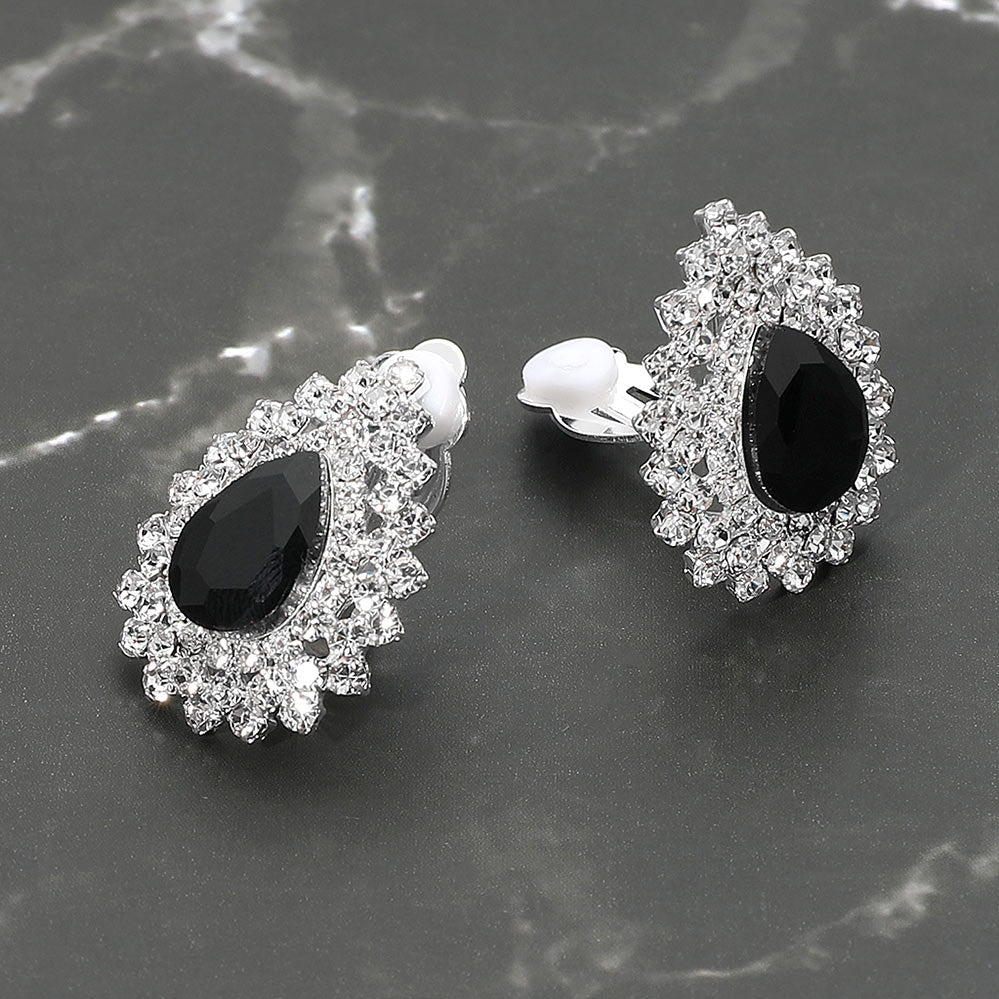 Madeline Love Black, Silver Teardrop Cluster Evening Clip On Earrings