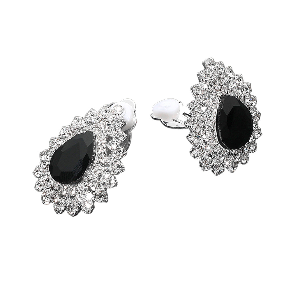 Madeline Love Black, Silver Teardrop Cluster Evening Clip On Earrings - desc
