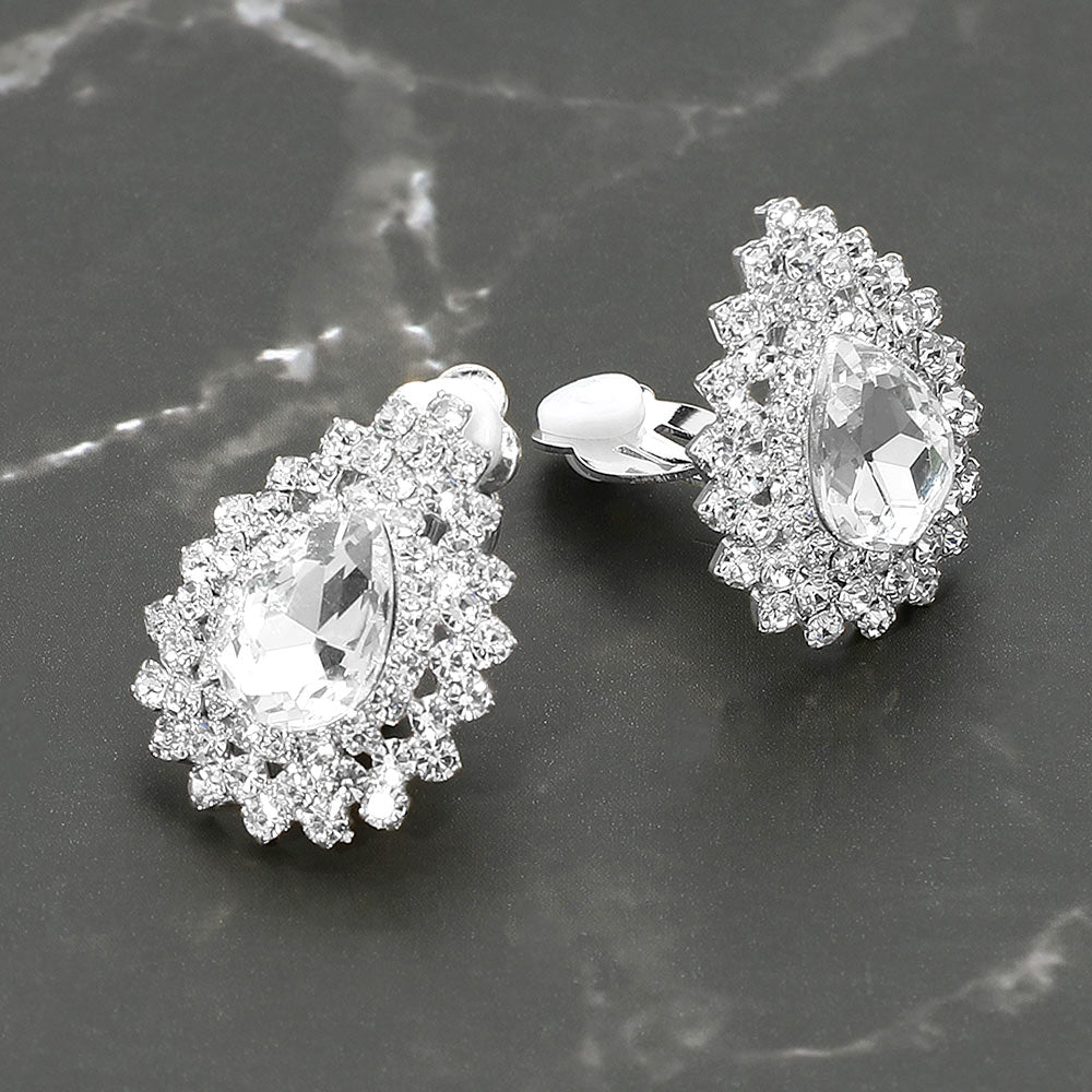 Madeline Love Clear, Silver Teardrop Cluster Evening Clip On Earrings