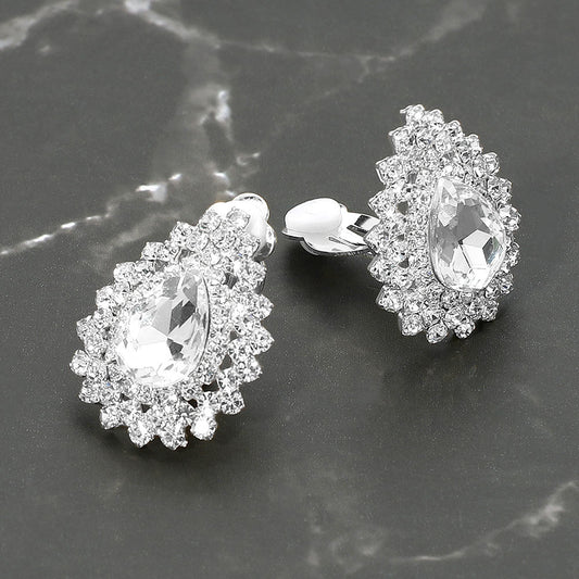 Madeline Love Clear, Silver Teardrop Cluster Evening Clip On Earrings