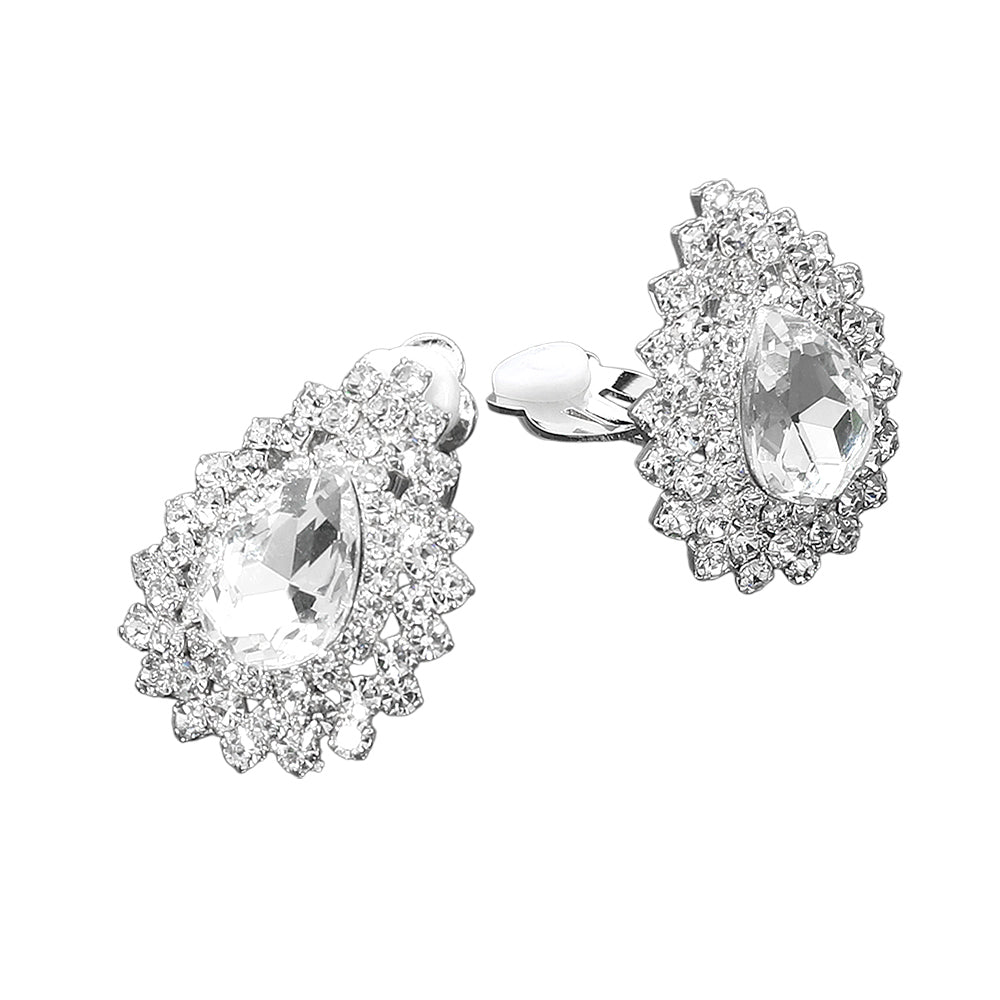 Madeline Love Clear, Silver Teardrop Cluster Evening Clip On Earrings - desc