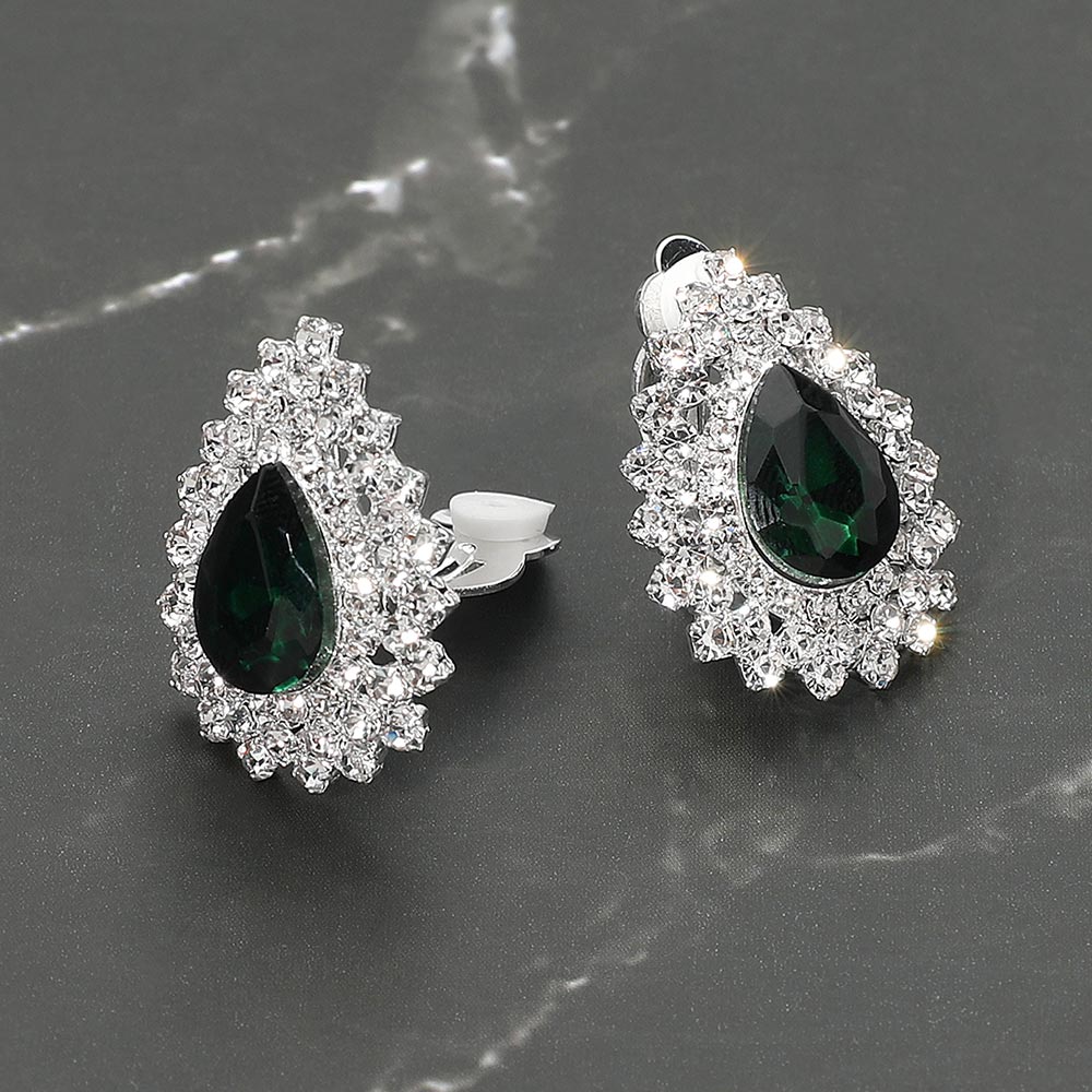 Madeline Love Emerald, Silver Teardrop Cluster Evening Clip On Earrings