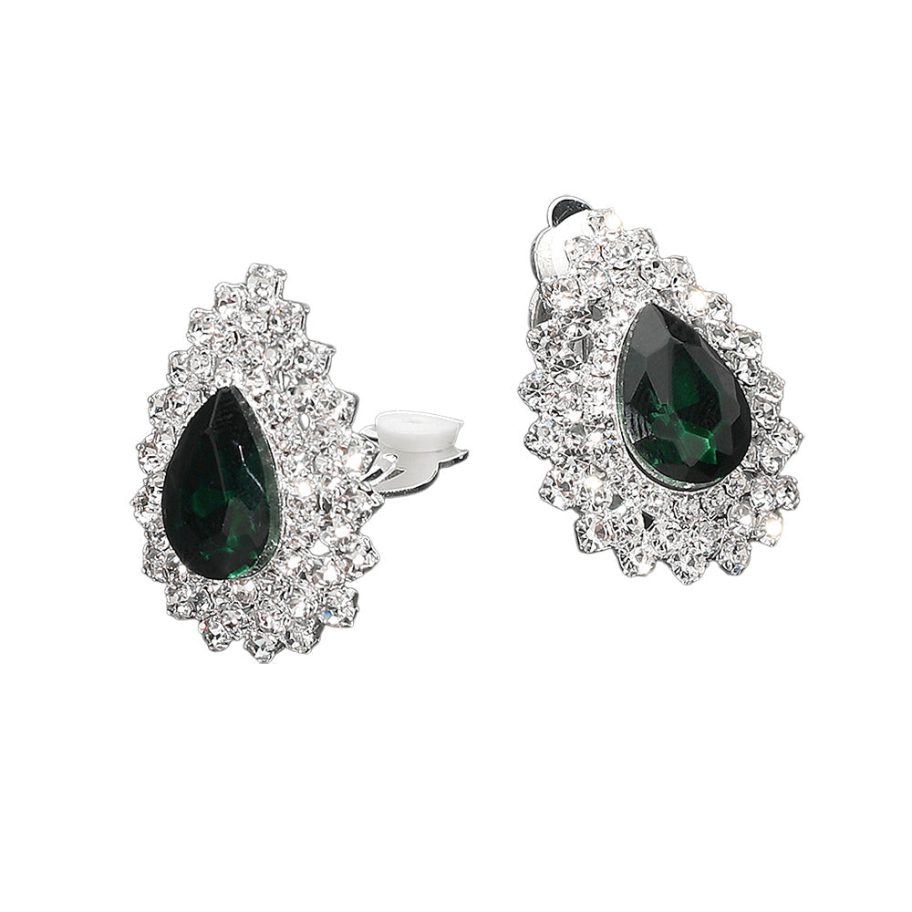 Madeline Love Emerald, Silver Teardrop Cluster Evening Clip On Earrings - desc