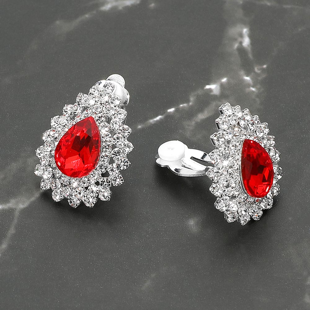 Madeline Love Red, Silver Teardrop Cluster Evening Clip On Earrings