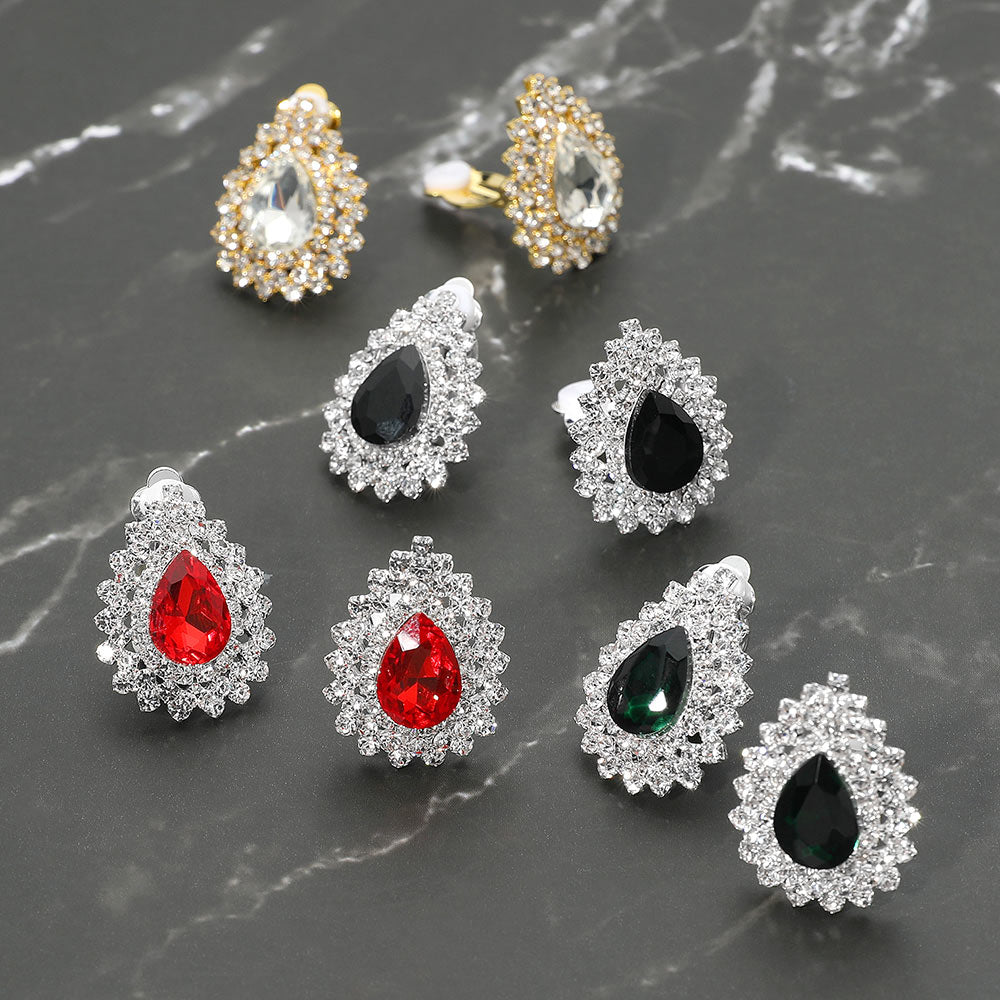 Madeline Love Red, Silver Teardrop Cluster Evening Clip On Earrings - extra