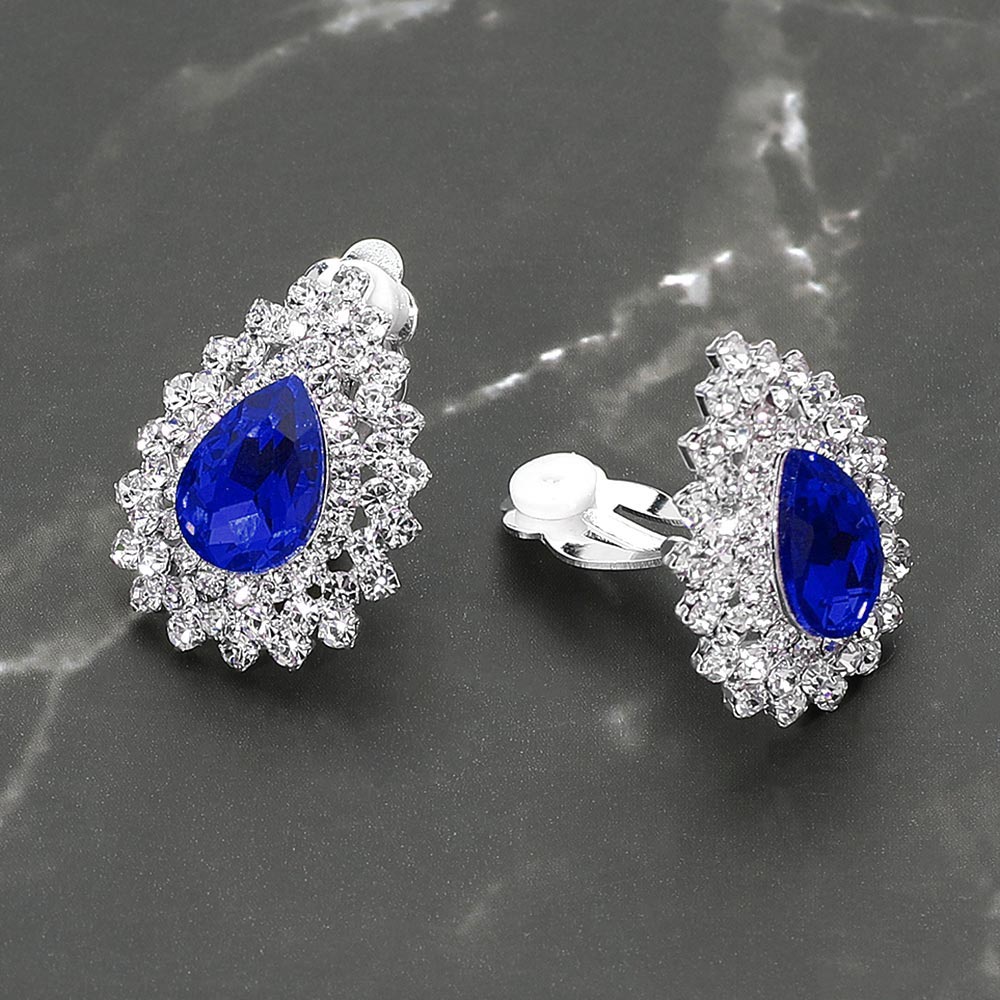 Madeline Love Sapphire, Silver Teardrop Cluster Evening Clip On Earrings