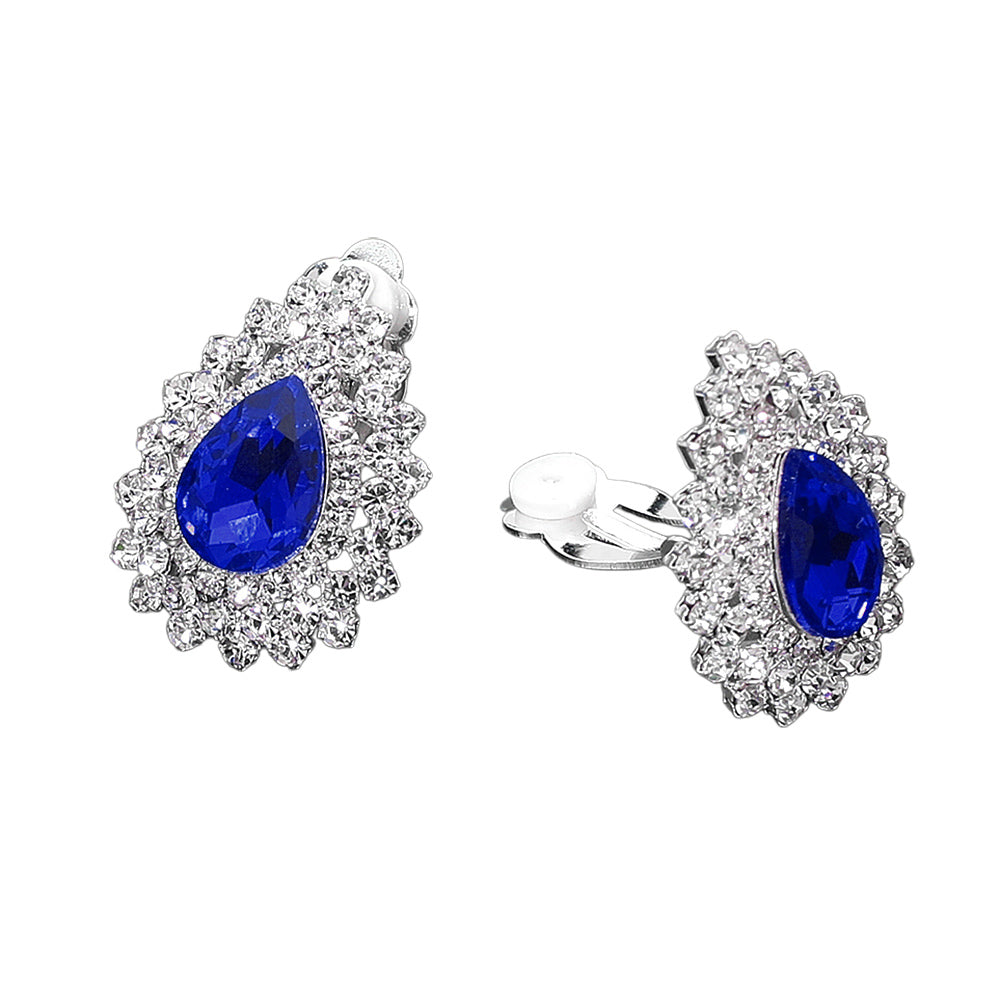 Madeline Love Sapphire, Silver Teardrop Cluster Evening Clip On Earrings - desc