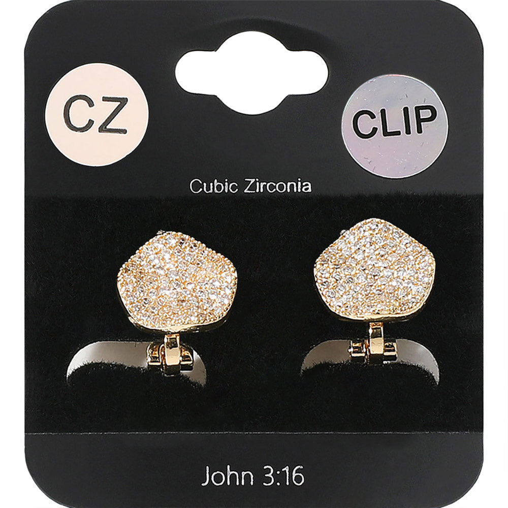 Clear, Gold CZ Stone Paved Wavy Disc Evening Clip On Earrings