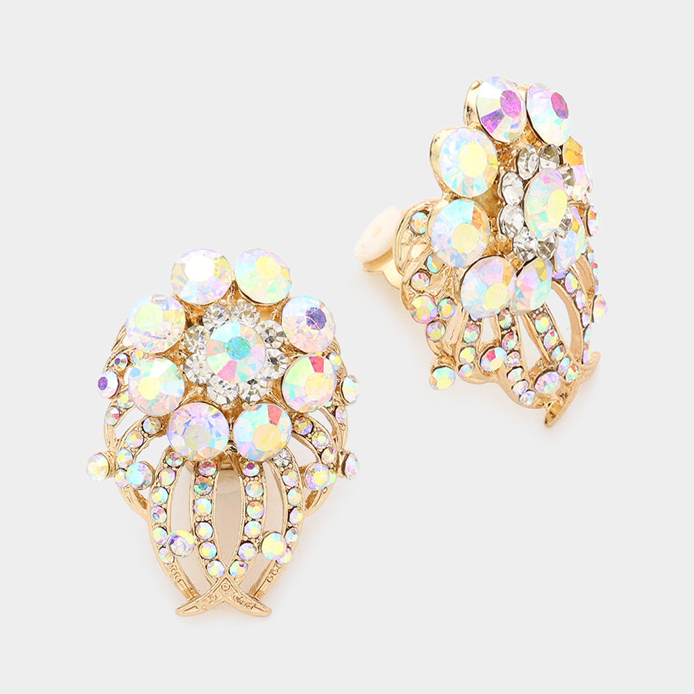 Madeline Love AB, Gold Floral Rhinestone Clip On Earrings