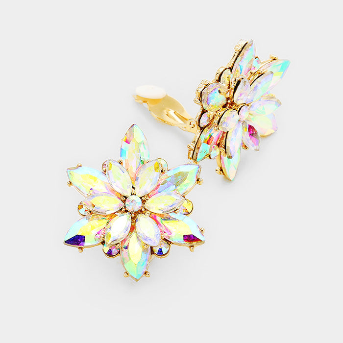 Madeline Love AB, Gold Crystal Flower Clip on Evening Earrings