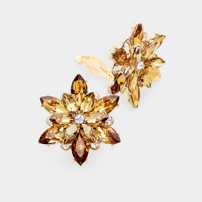 Madeline Love Brown, Gold Crystal Flower Clip on Evening Earrings