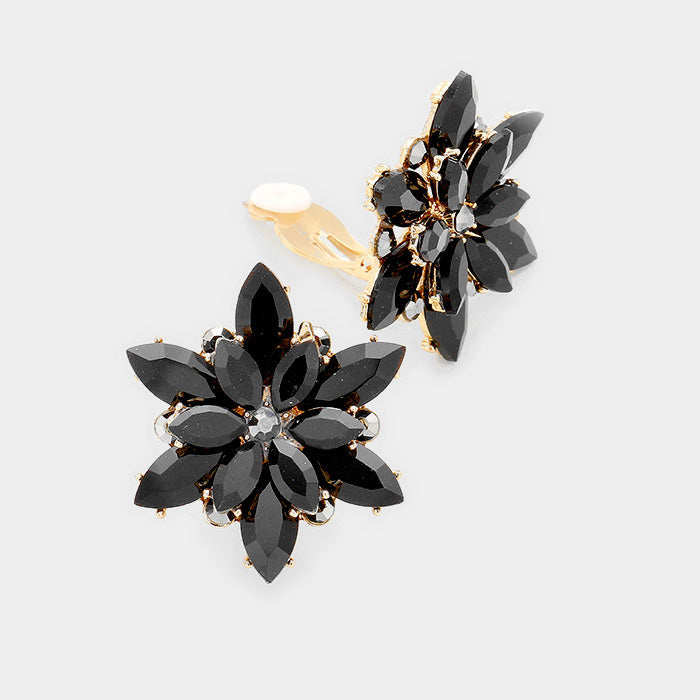 Madeline Love Gold, Jet Black Crystal Flower Clip on Evening Earrings