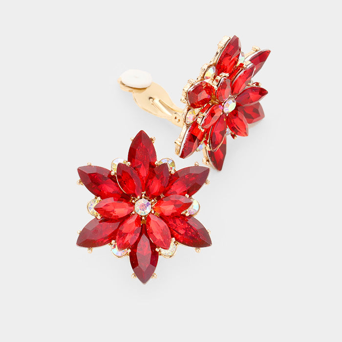 Madeline Love Gold, Red Crystal Flower Clip on Evening Earrings