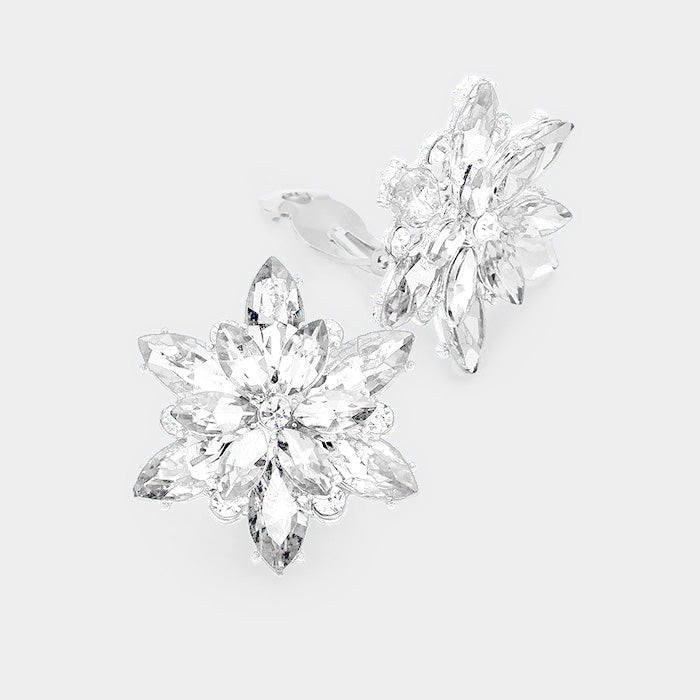 Madeline Love Clear, Rhodium Crystal Flower Clip on Evening Earrings