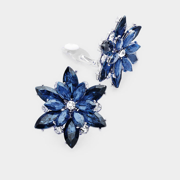 Madeline Love Navy, Rhodium Crystal Flower Clip on Evening Earrings