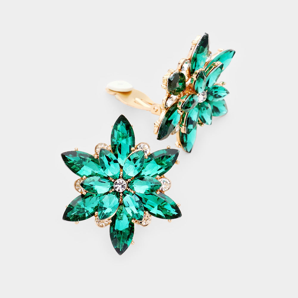 Madeline Love Green Crystal Flower Clip on Evening Earrings