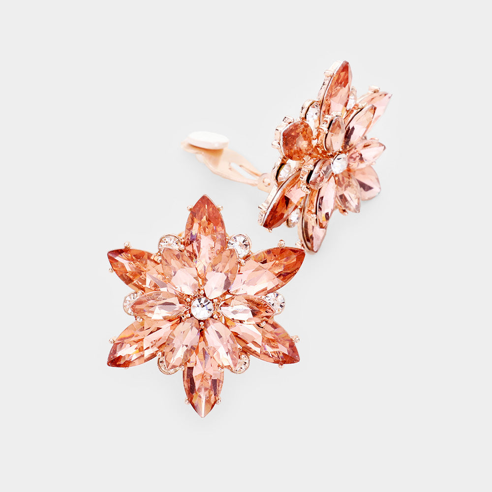 Madeline Love Peach Crystal Flower Clip on Evening Earrings