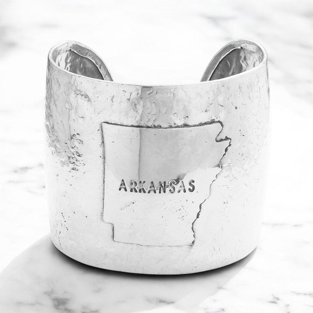 Madeline Love Silver Arkansas State map Hammered Wide Metal Cuff Bracelet - Bracelets
