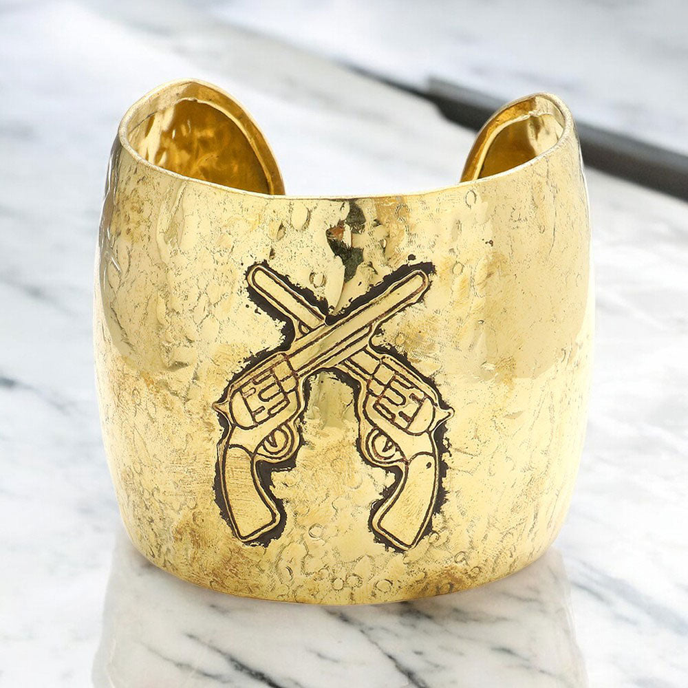 Madeline Love Gold Hammered metal crossed gun cuff bracelet - Bracelets