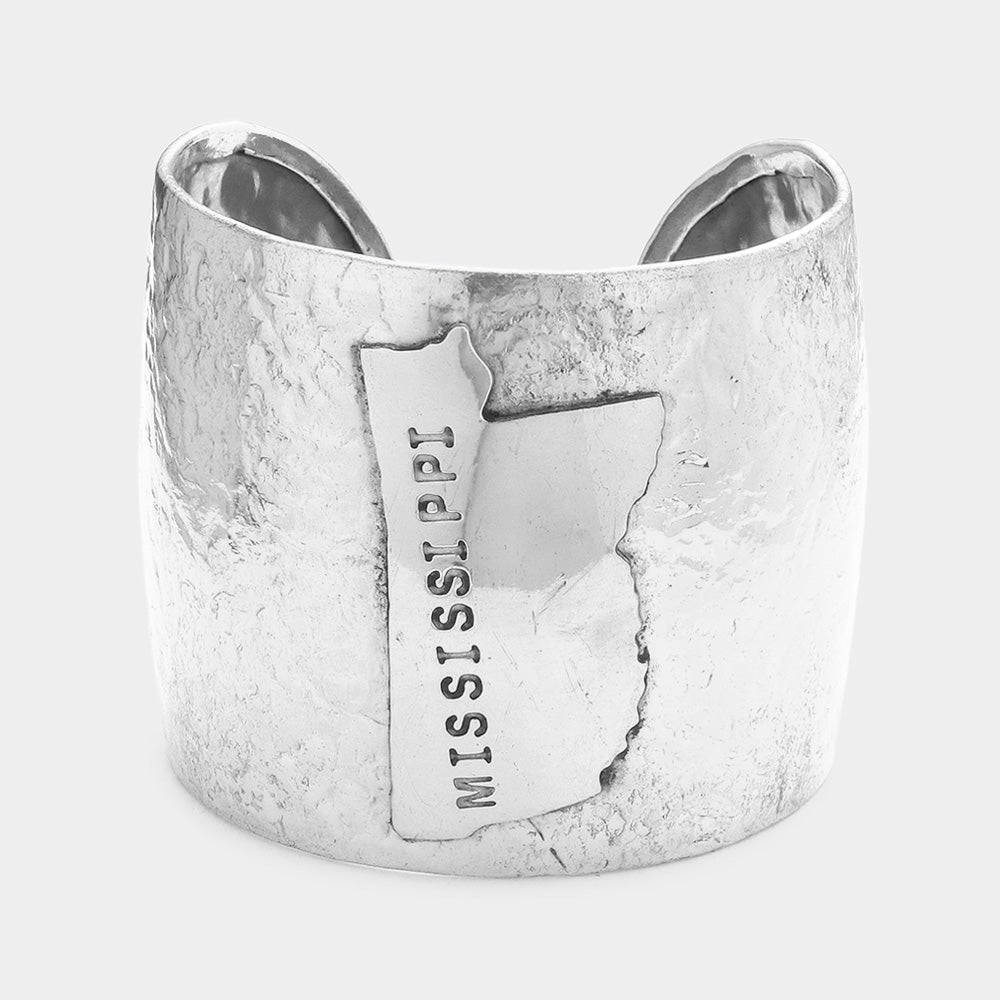 Madeline Love Silver Mississippi State Map Hammered Wide Metal Cuff Bracelet - Bracelets
