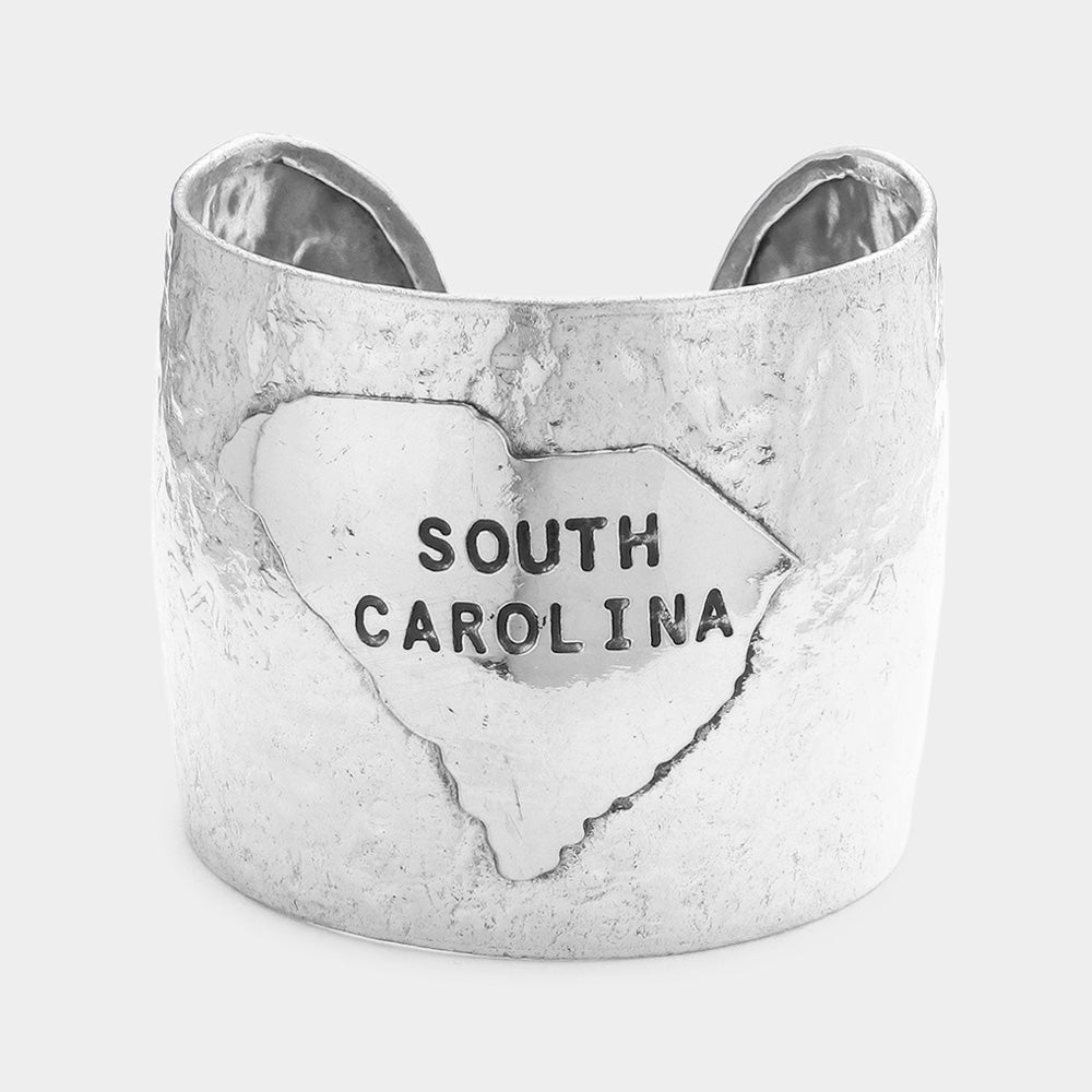 Madeline Love Silver South Carolina State Map Hammered Wide Metal Cuff Bracelet - Bracelets