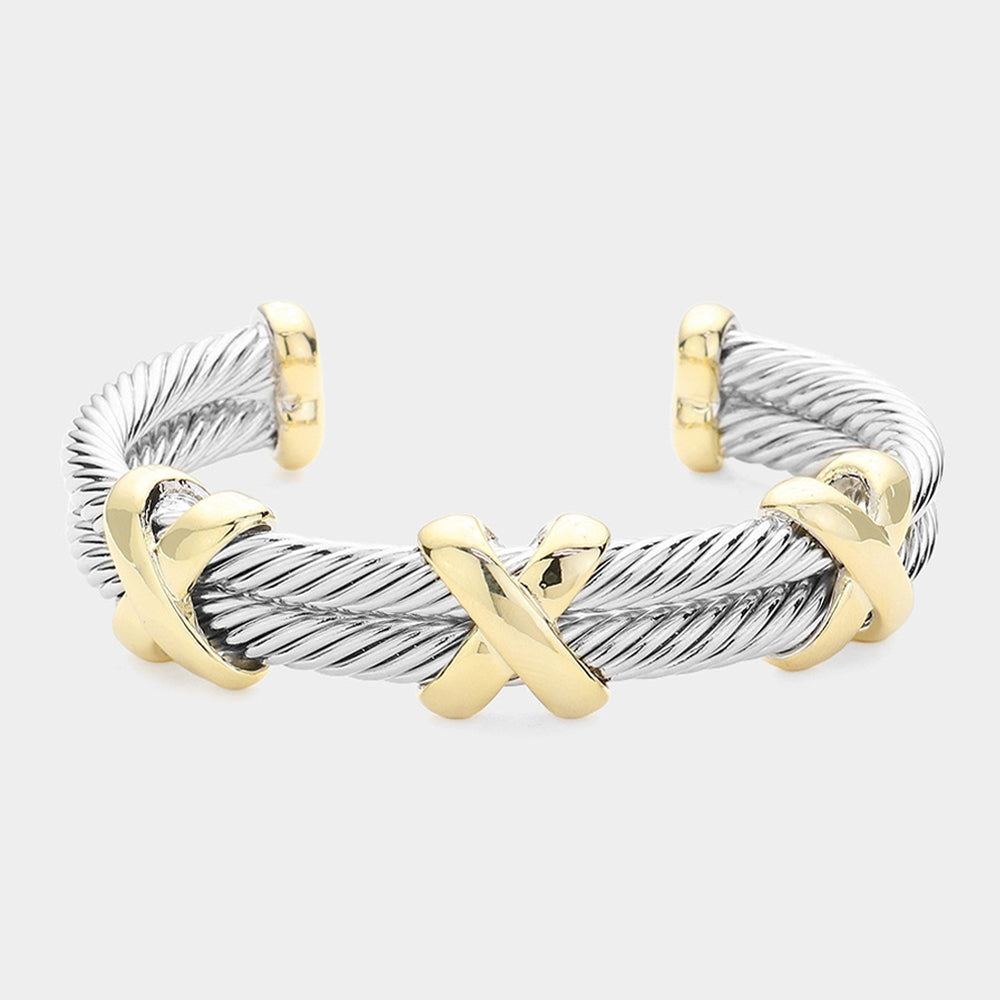 Madeline Love Two Tone 14K Gold Plated Two Tone Crisscross Pointed Double Twisted Metal Cuff Bracelet - Bracelets