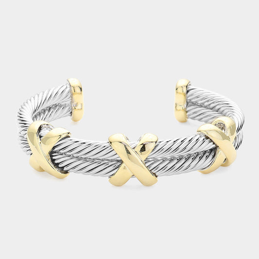 Madeline Love Two Tone 14K Gold Plated Two Tone Crisscross Pointed Double Twisted Metal Cuff Bracelet - Bracelets