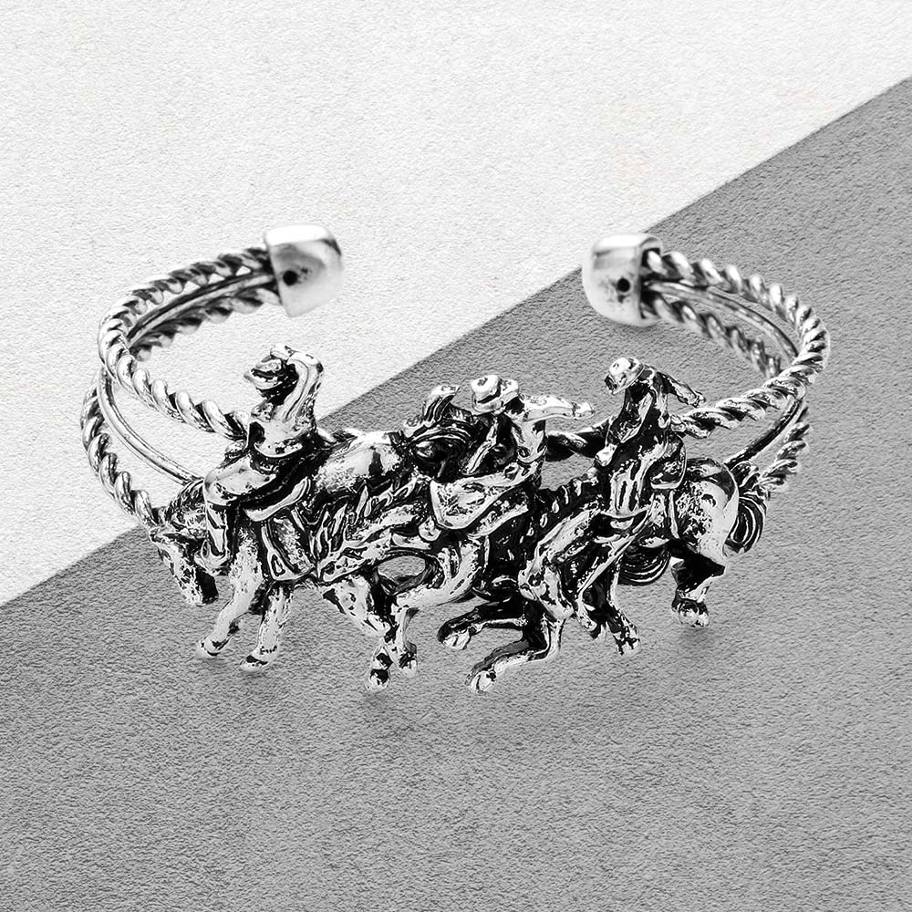Madeline Love Silver Burnished Metal Derby Riding Running Horse Cuff Bracelet - Bracelets