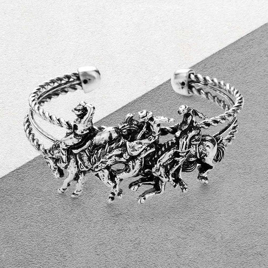 Madeline Love Silver Burnished Metal Derby Riding Running Horse Cuff Bracelet - Bracelets