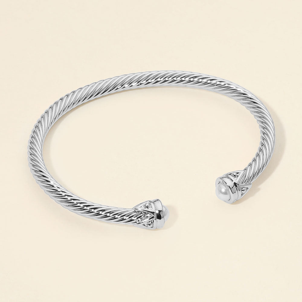 Madeline Love Cream, Silver Pearl Tip Twisted Cuff Bracelet