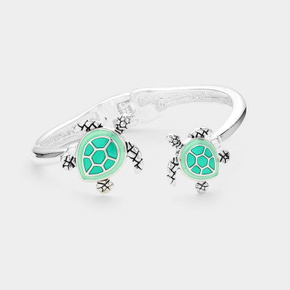 Madeline Love Green, Silver Sea Turtle Tip Hinged Cuff Bracelet - Bracelets