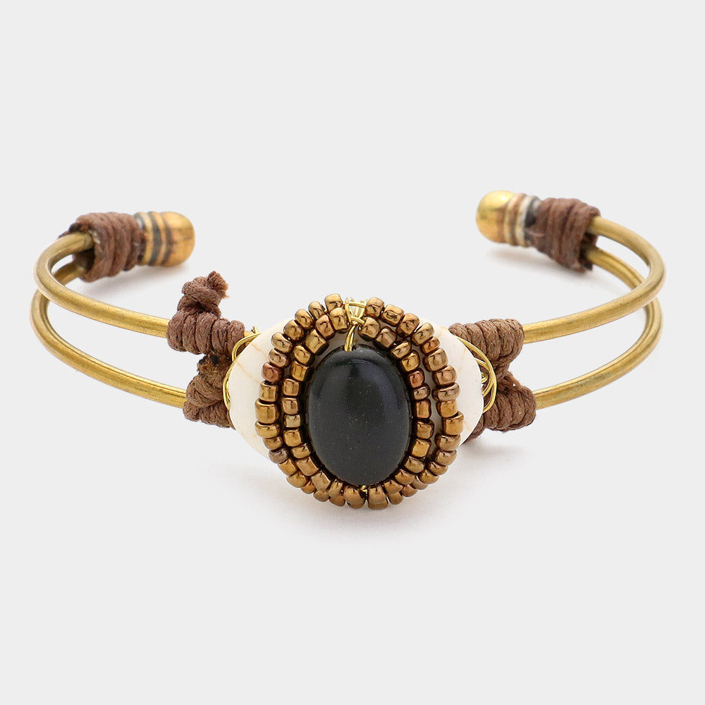 Madeline Love Black, Brown, Gold Burnished Tribal Semi-Precious Cuff Bracelet - Bracelets