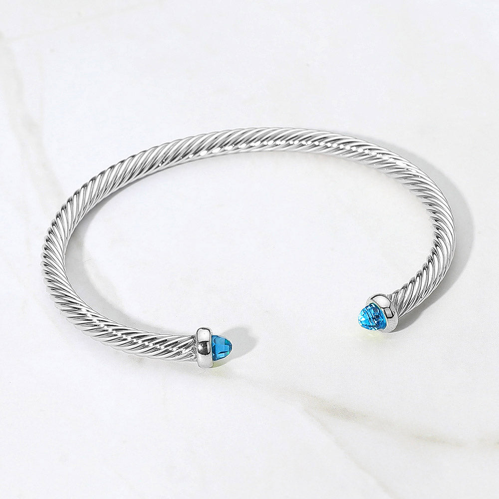 Madeline Love Aqua, Rhodium Stone Tip Twisted Cable Cuff Bracelet - Jewelry