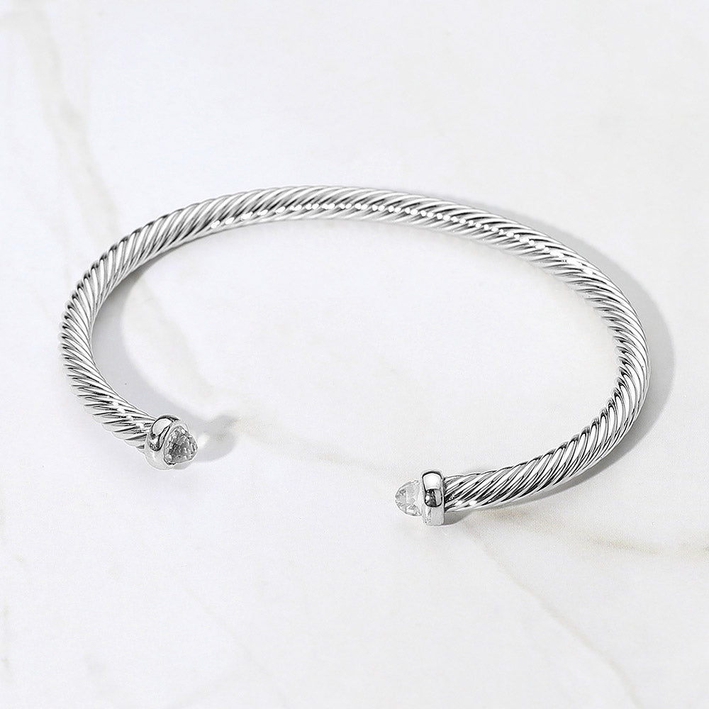 Madeline Love Clear, Rhodium Stone Tip Twisted Cable Cuff Bracelet - Jewelry