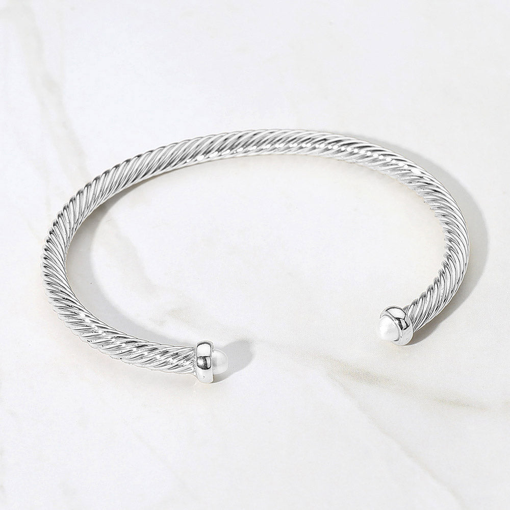 Madeline Love Cream, Rhodium Stone Tip Twisted Cable Cuff Bracelet - Jewelry