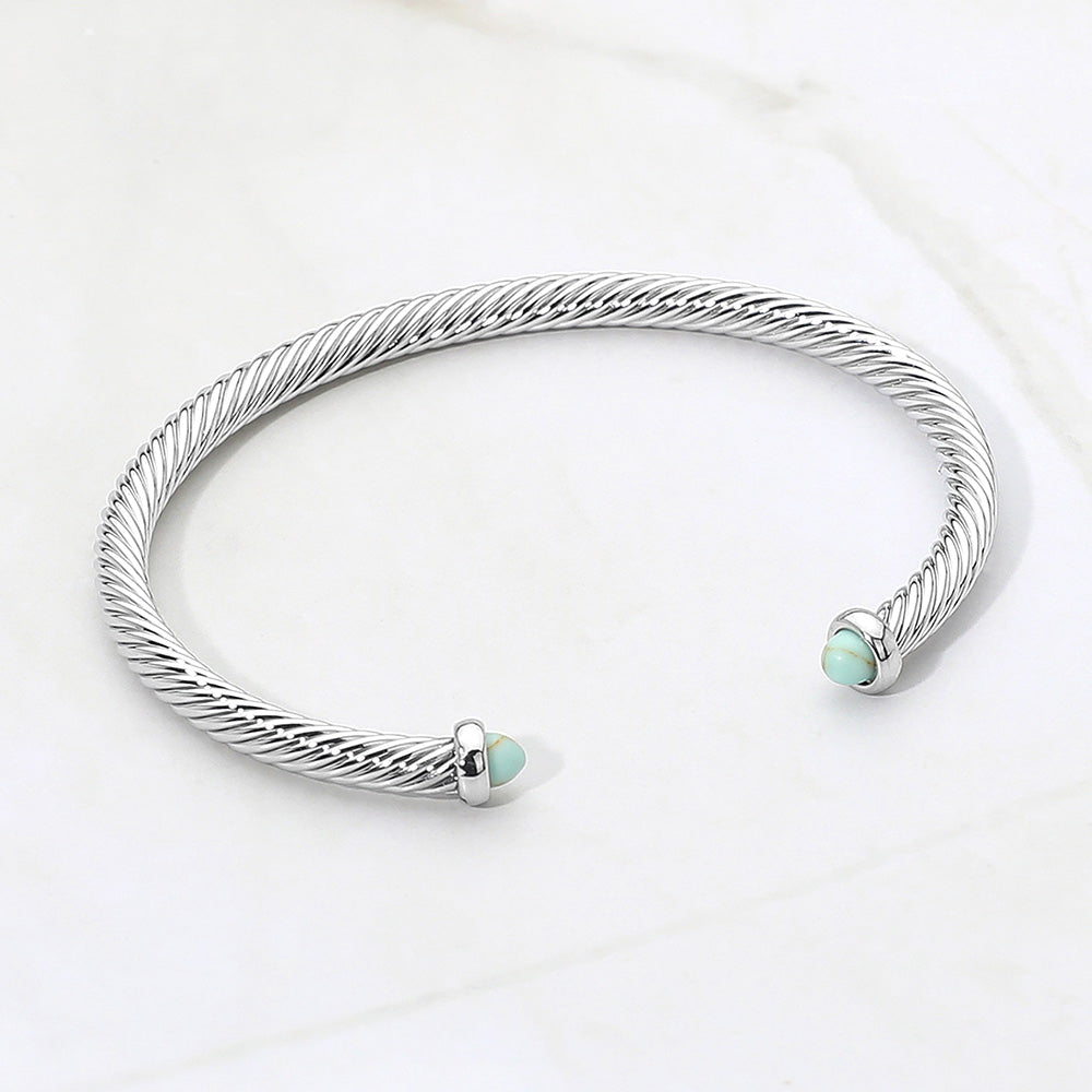 Madeline Love Rhodium, Turquoise Stone Tip Twisted Cable Cuff Bracelet - Jewelry