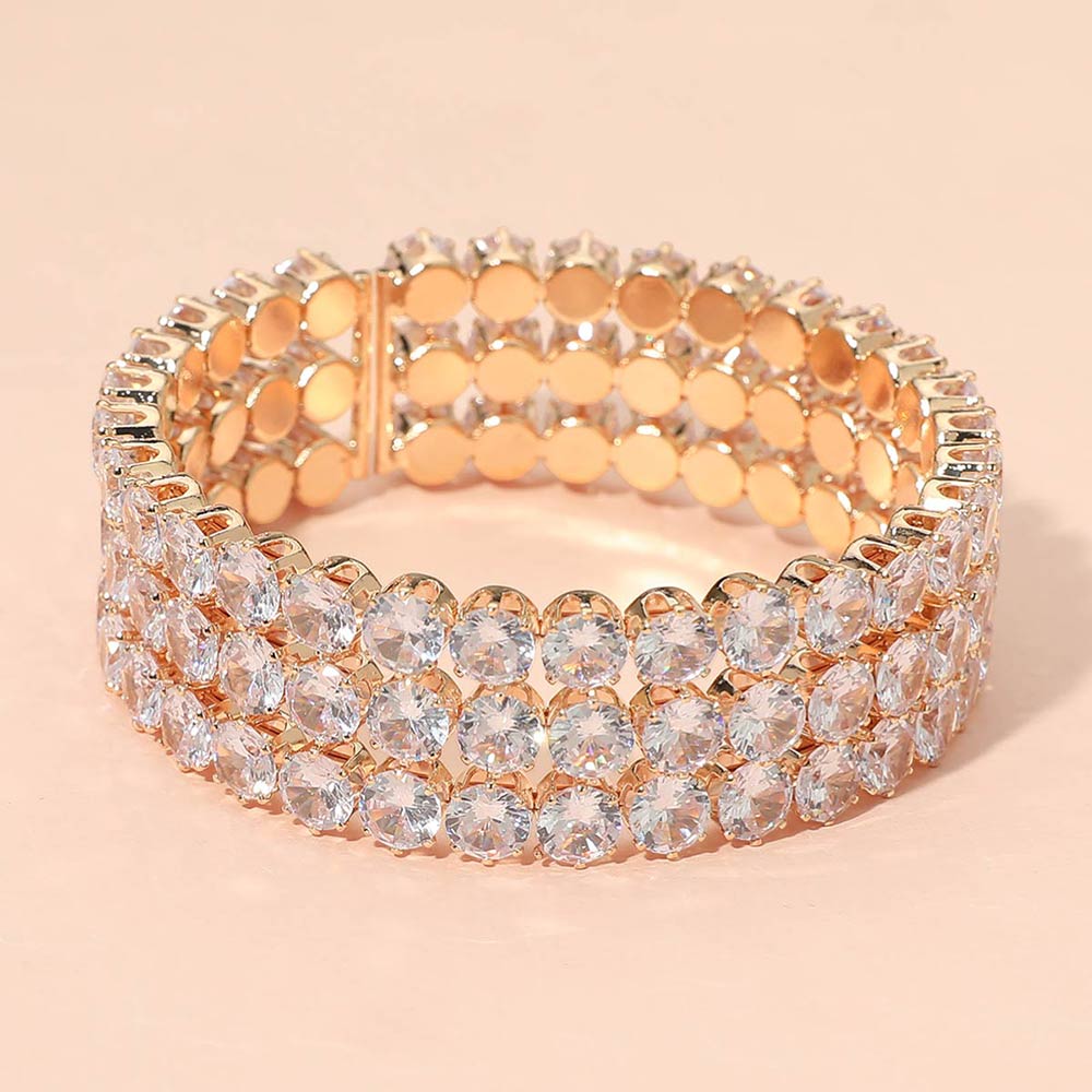 Madeline Love Clear, Gold Triple Row Round Stone Cuff Bracelet - Bracelets