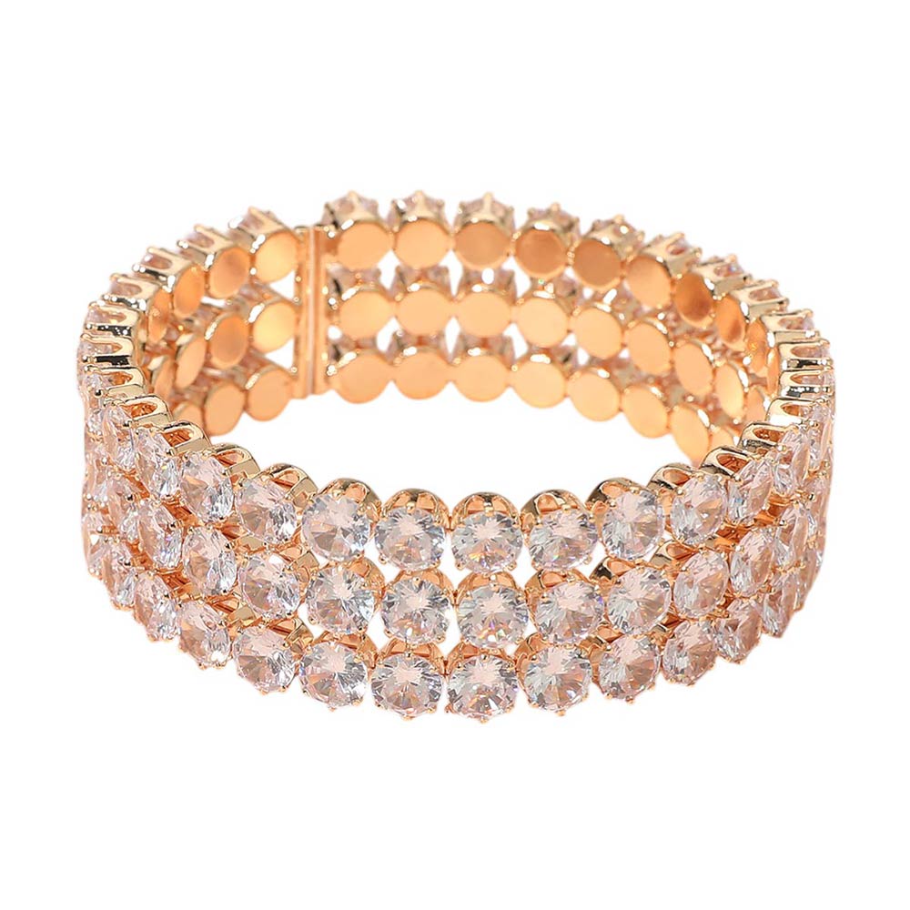 Madeline Love Clear, Gold Triple Row Round Stone Cuff Bracelet - Bracelets - desc