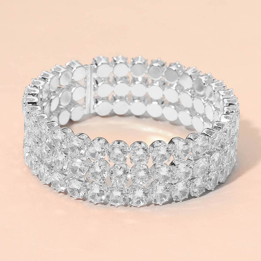 Madeline Love Clear, Rhodium Triple Row Round Stone Cuff Bracelet - Bracelets