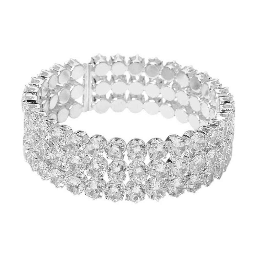 Madeline Love Clear, Rhodium Triple Row Round Stone Cuff Bracelet - Bracelets - desc