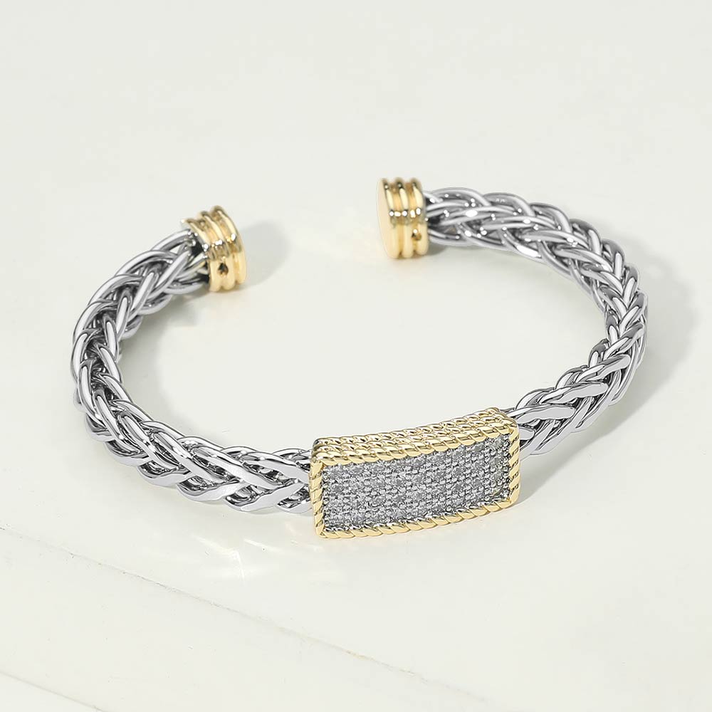 Madeline Love Two Tone 14K Gold Plated Two Tone CZ Pave Rectangular Bar Accent Braided Cuff Bracelet - Hair Accessories