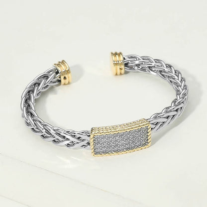 Madeline Love Two Tone 14K Gold Plated Two Tone CZ Pave Rectangular Bar Accent Braided Cuff Bracelet - Hair Accessories