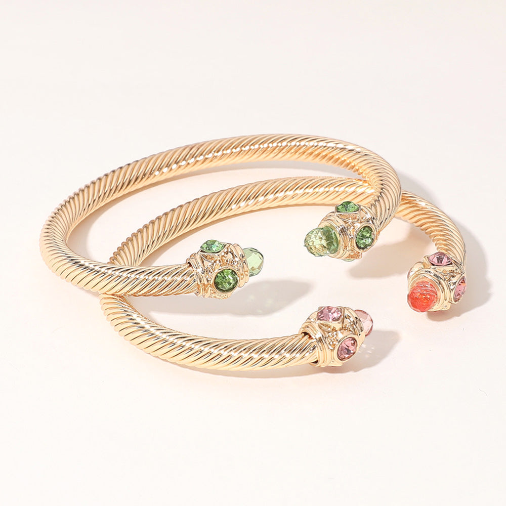 Madeline Love Gold, Green, Pink, Pink&Green 2PCS - Stone Tip Twisted Cuff Bracelet - Jewelry