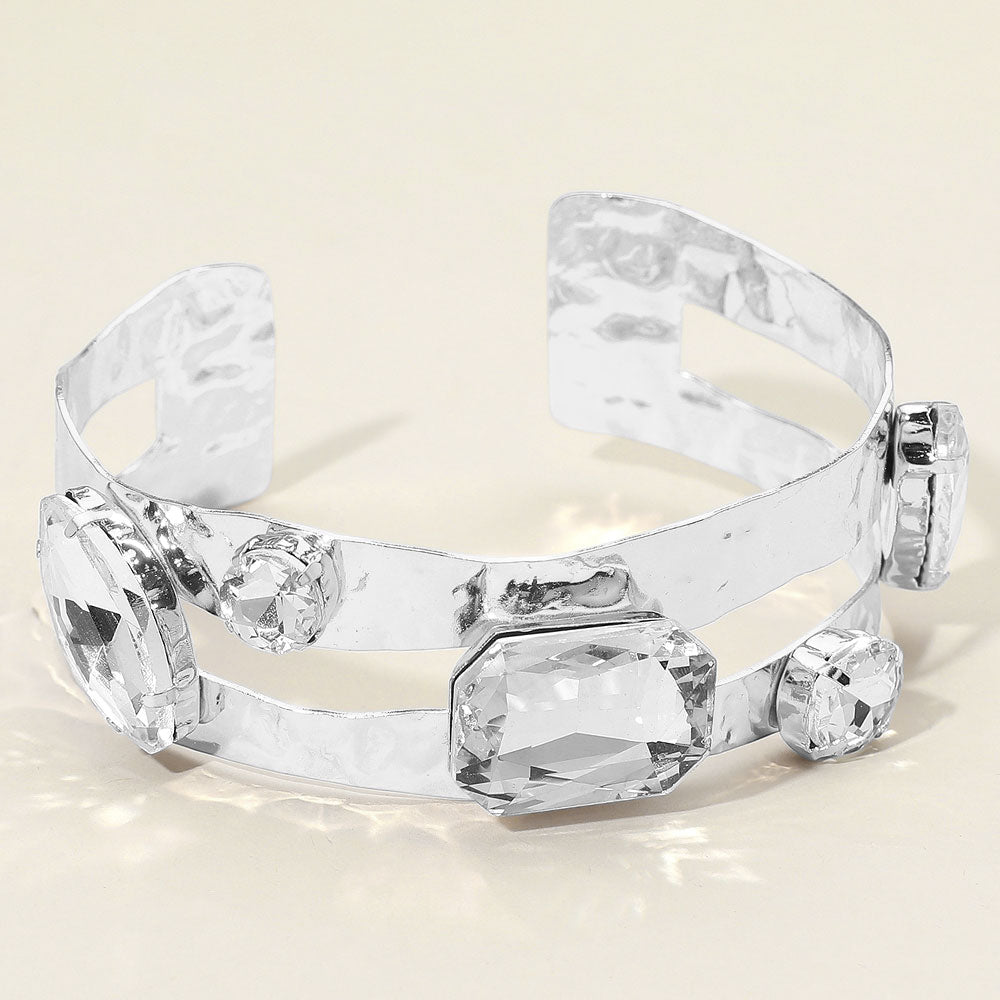 Madeline Love Clear, Rhodium Stone Cluster Embellished Split Arm Cuff Bracelet - Body Jewelry
